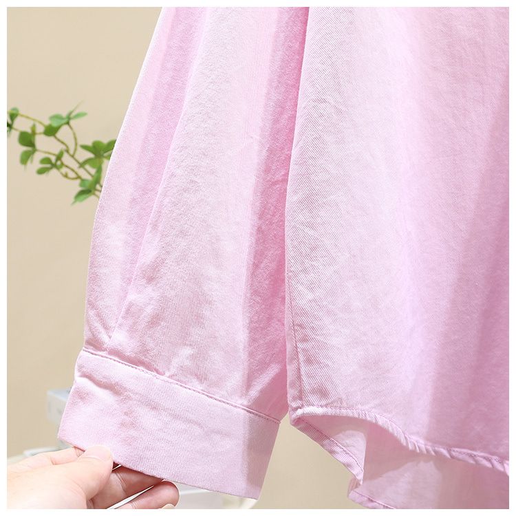 Langärmliges Sommerhemd aus Baumwollmischung mit Blumenstickerei und lockerer Passform für Damen – lässiges langes Tunika-Oberteil (Blau, Gelb, Rosa, Weiß)_voghion.com