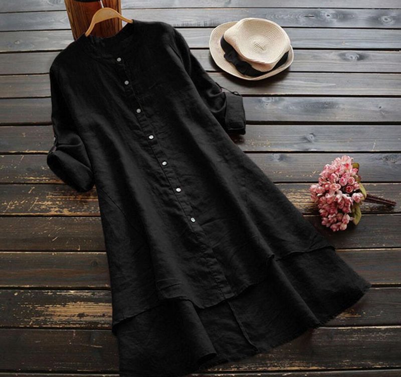 Women's Clothing Spring And Summer Solid Color Button Cotton And Linen Long Sleeve Long Shirt_voghion.com