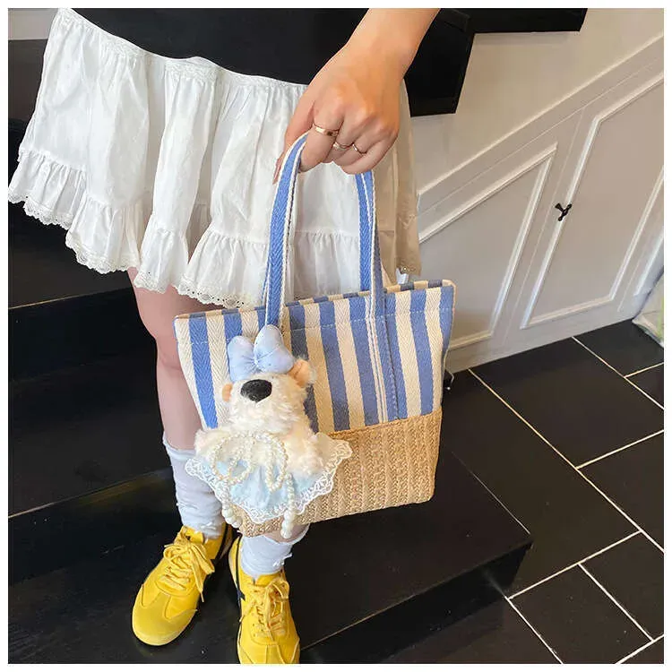 Borsa a mano in tela intrecciata in stile coreano, patchwork, per donna, estiva, a righe, casual, versatile, a tracolla_voghion.com