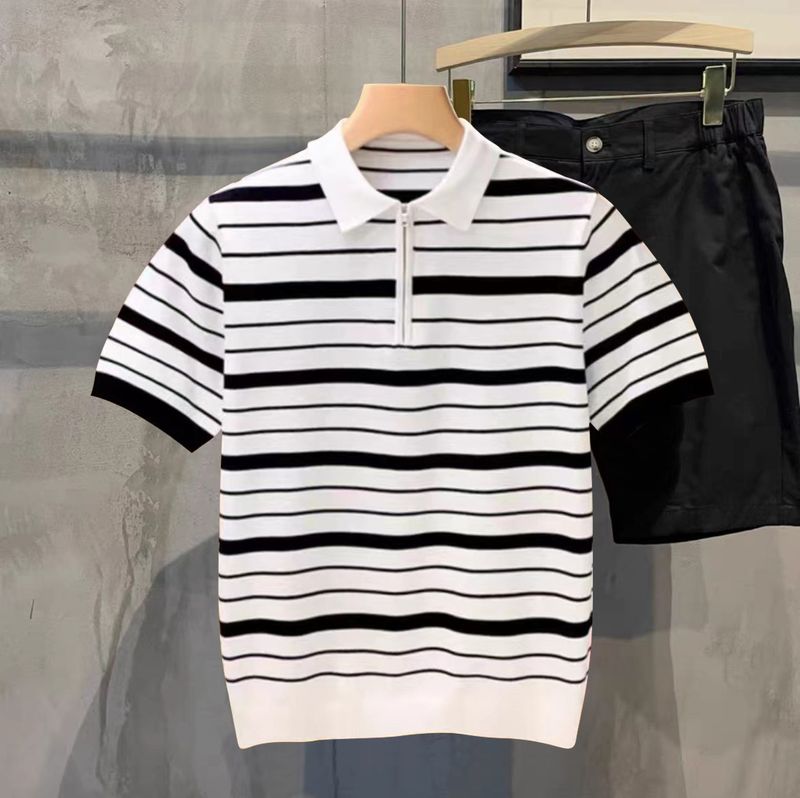 Herrenbekleidung Sommer leichtes, reifes, schlichtes, modisches, hochwertiges gestreiftes Poloshirt für Herren, junge, schlanke T-Shirts mit halbem Reißverschlusskragen für Herren_voghion.com