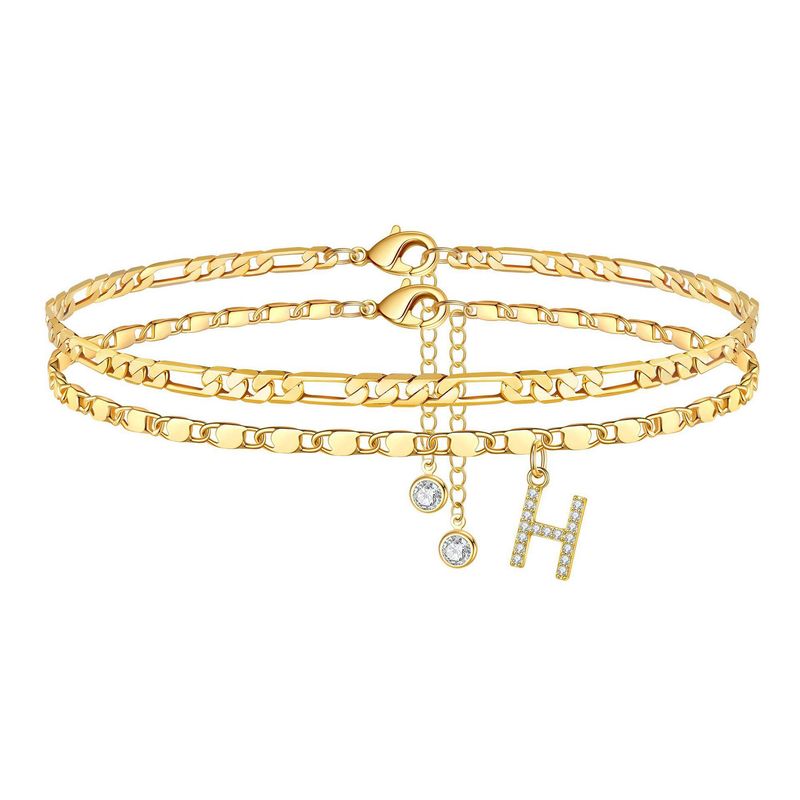 New Bohemian Zircon 26 Letters Copper Plated 14k Gold Figaro Chain Double Layer Stacked Anklet_voghion.com