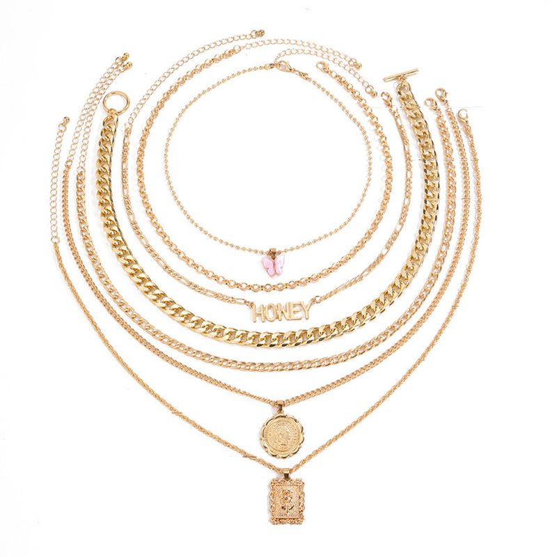 New Creative Simple Elegant Women's HONEY Rose Flower Butterfly Necklace 7-Piece Set Gold_voghion.com