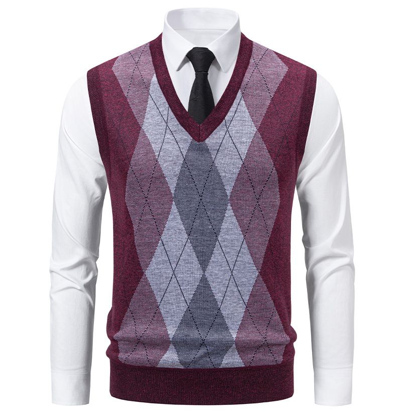 Herrenbekleidung, V-Ausschnitt, Jacquard, Slim Fit, V-Ausschnitt, Jacquard-Strickpullover für Herren – leichtes, ärmelloses Pullover-Oberteil (Grau, Marineblau, Weinrot)_voghion.com