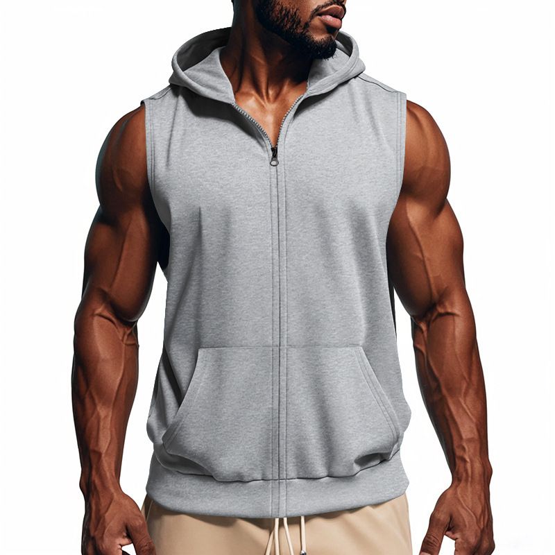 Herren Sommer Unterhemd mit Kapuze Sport Fitness Training Reißverschluss Strickjacke Ärmellose Weste Tops_voghion.com