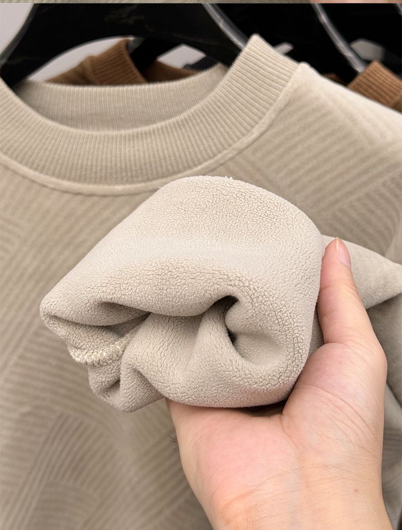 Men's Fleece-Lined Pullover Sweatshirt - Soft Thermal Long Sleeve Crewneck Top With Stylish Letter Print, Winter Casual Loungewear For Plus Size_voghion.com