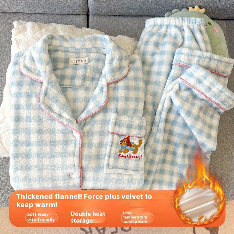 【 Flanella 】 Pigiama di grandi dimensioni per donna, cane bassotto dei cartoni animati, vestiti per la casa a quadri blu spessi, set caldo e carino_voghion.com