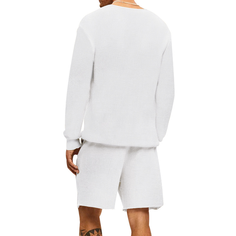 Waffle T-shirt Summer Men's Casual Sports Long Sleeve Shorts Two Piece Set for Men_voghion.com