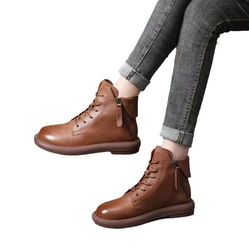 Bottes Martin en cuir souple marron style britannique pour petites femmes, semelle épaisse, automne-hiver_voghion.com