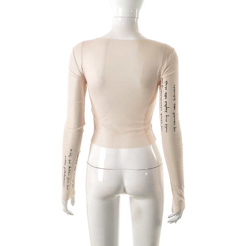 Q22TP611 Wind 2024 Spring New Women's Long sleeved Round Neck Fashion Printed Slim Fit Mesh Top_voghion.com