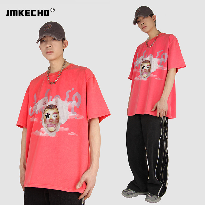 JECHO T-shirt a maniche corte oversize con stampa di clown lavato invecchiato del marchio di moda americano JECHO Street Dopamine per e_voghion.com