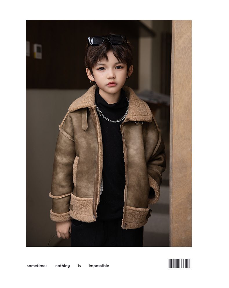 Boys 2025 Autumn And Winter New Retro Cross Border Coat Thickened Short High End Fur Motorcycle Jacket_voghion.com