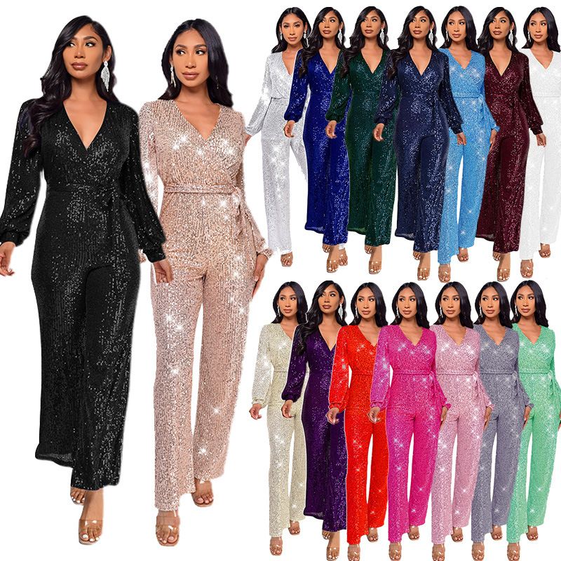 Damkläder Ins Style Deep V Mode Casual Jumpsuit Långärmat Bälte Paljett Jumpsuit Dam_voghion.com