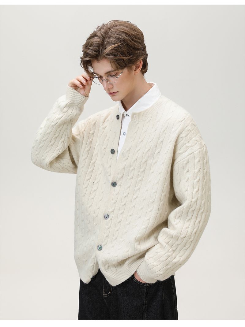 Trendy Vintage Cable-Strickpullover mit Struktur für Herren Herbst/Winter Neuankömmling Einfarbig Vielseitige Strickwaren Rundhals-Strickpullover-Jacke_voghion.com