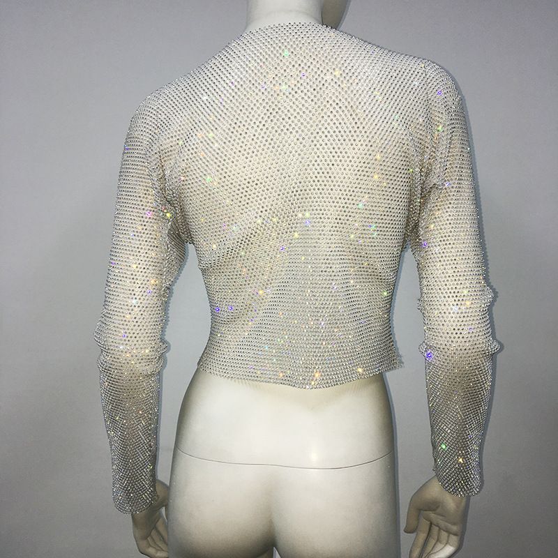 Maglietta da pesca con strass, a maniche lunghe, girocollo, leggera e di lusso, da donna, con look scintillante, alla moda e di tendenza._voghion.com