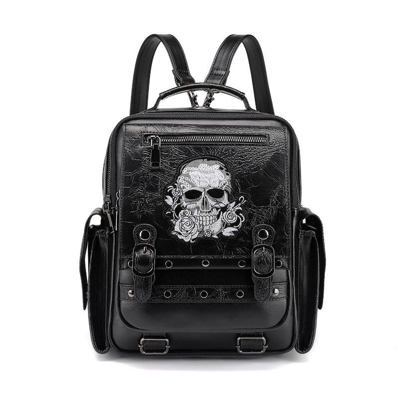 Zaino da donna in stile gotico di grande capacità - Borsa per laptop in pelle PU con teschio ricamato, borsa a tracolla versatile e borsa a mano per l'uso quotidiano_voghion.com