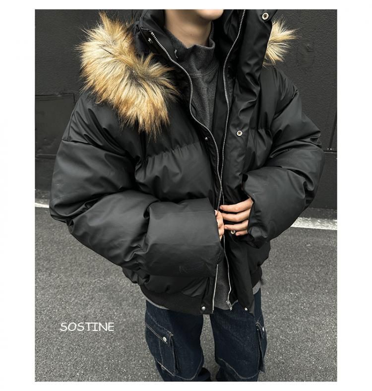 Giacca in pelle PU con collo di pelliccia staccabile di alta qualità da uomo - Cappotto con cappuccio pronto per l'inverno_voghion.com