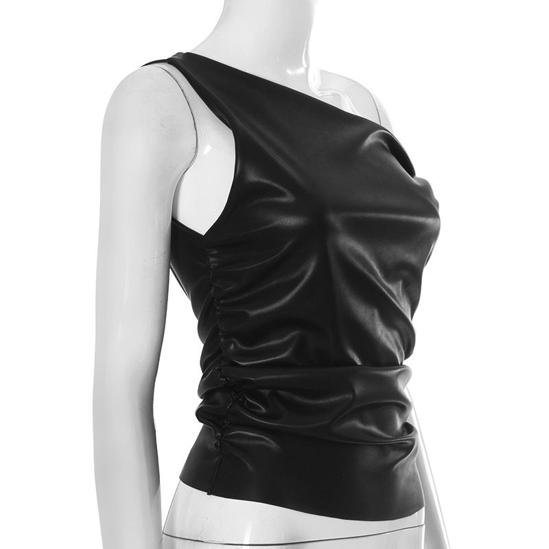 Y24TP647 Women's Autumn/Winter Twisted Strap Off Shoulder Leather Folded Short Open Umbilical Top T-shirt_voghion.com