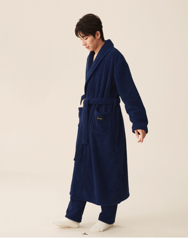 "Luxury Coral Fleece Bathrobe Set For Couples - Extra Long & Thick Winter Robe With Matching Pants - Ultra Soft V-Neck Design In Multiple Colors_voghion.com