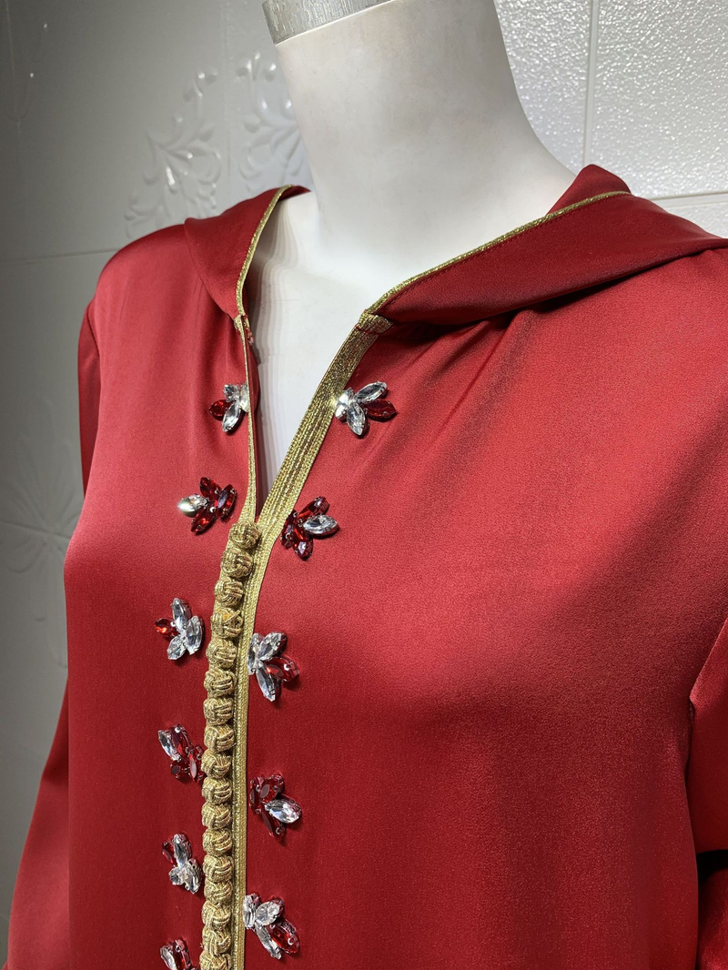 Vestido muçulmano feminino de cetim com contas abaya Dubai leve vestido de noite étnico luxuoso_voghion.com