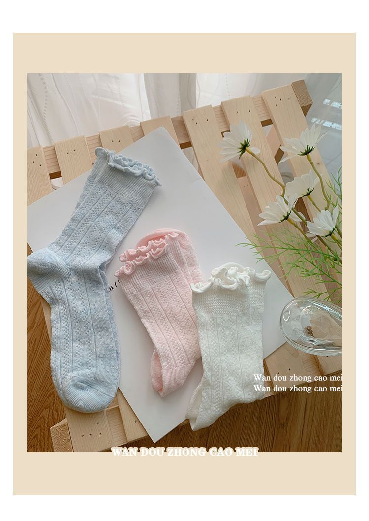 Socks, children's mid length socks, summer thin cut hollow, skin friendly, sweet and cute, solid color mesh pile socks_voghion.com
