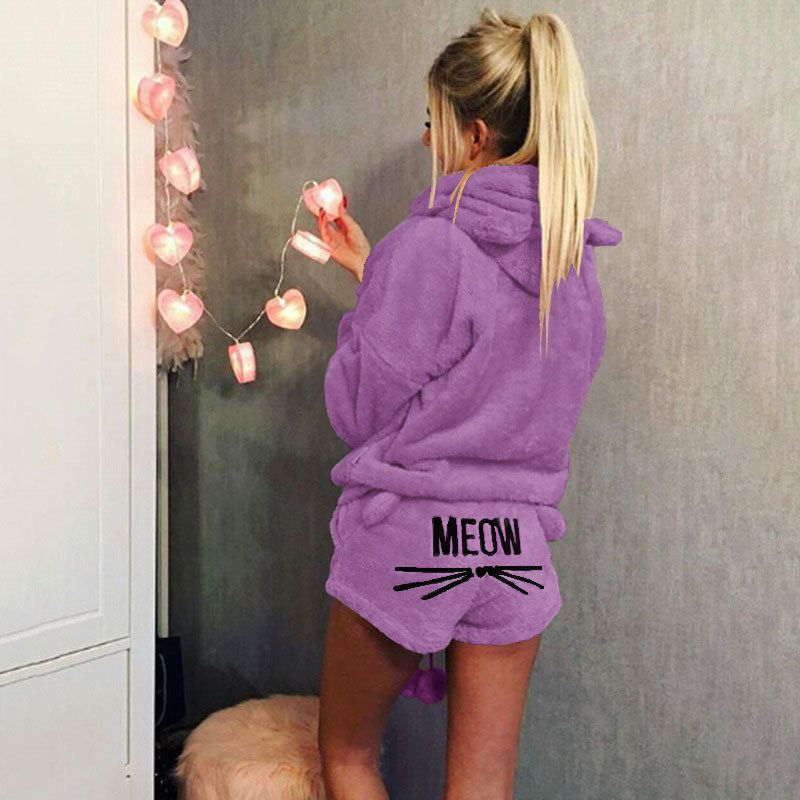 Damenbekleidung, Kleidung, Katze, bestickt, Pyjama, Kapuze, Freizeitanzug, zweiteiliges Set_voghion.com