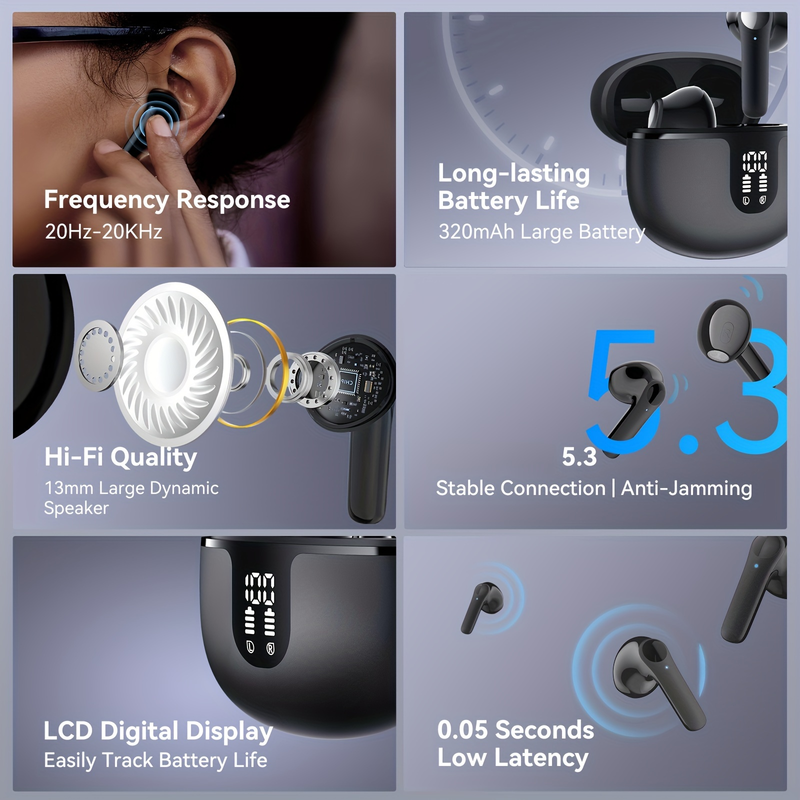 Wireless Earbuds Headphones, 40H Playtime Stereo  Ear Buds, LED Power Display Cordless in-Ear Earphones with Microphone for iOS Andriod Cell Phone Sp_voghion.com