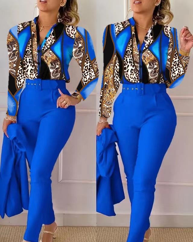 Damenmode-Modedruck-Langarmoberteil einfarbiges Hosenset mit Gürtel_voghion.com