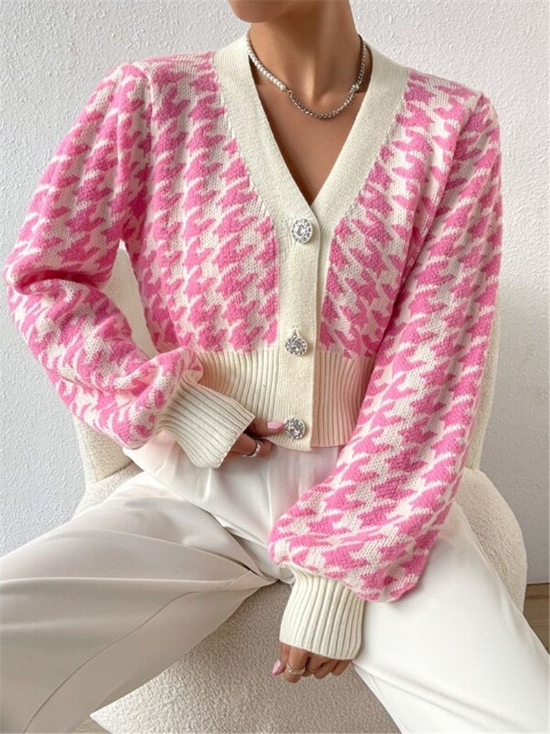 Dameskleding herfst en winter patroon lantaarn mouw gebreide cardigan trui korte jas_voghion.com