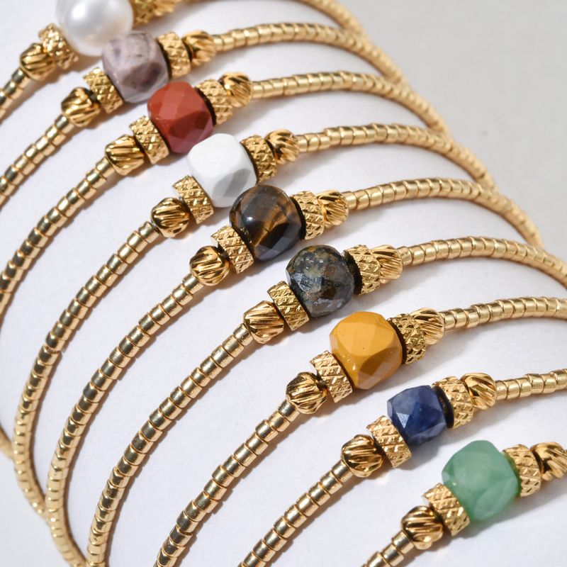 New Luxury Square Natural Stone Lapis Lazuli Amethyst Bracelet Simple Personality Rice Beads Gold Color Thin Women_voghion.com