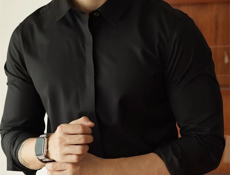 Herrenbekleidung Helles Luxushemd mit dunkler Knopfleiste, weißes formelles Hemd, Herrenhemd, helles Businesshemd mit dunkler Knopfleiste, einfarbig, lässig, Langarmhemd, Drape Inch Shirt_voghion.com