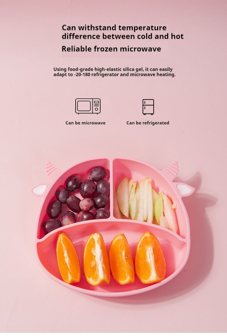 Baby safety silicone plate, baby anti slip suction cup bowl, baby cartoon complementary food box, integrated compartment tableware_voghion.com