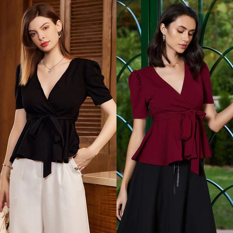 Women's Clothing Lace Belt Top T-shirt Fashion Casual Knit Style Tops_voghion.com