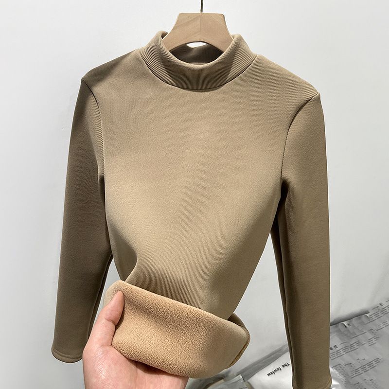 K Suéter de gola alta justa como camada de base; Blusa quente de lã plus size com gola pequena para mulheres; Mangas compridas_voghion.com
