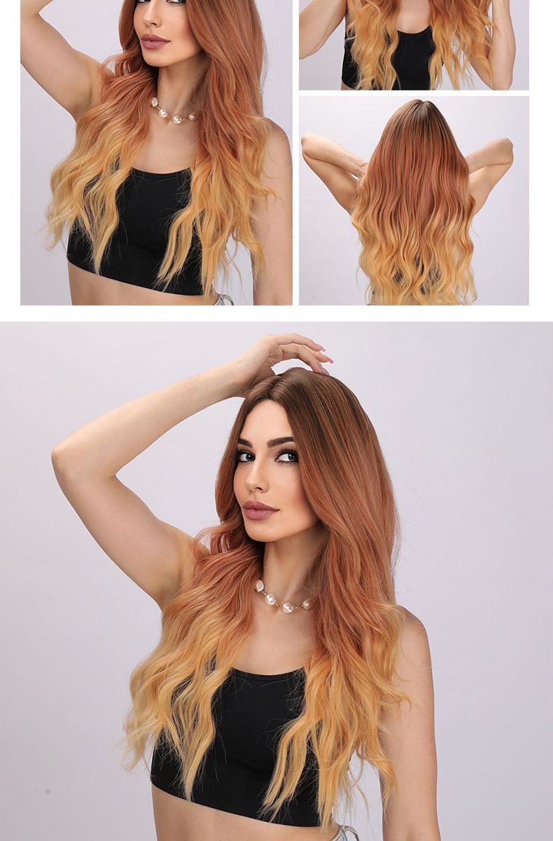 Parrucche sintetiche per capelli lunghi e ondulati arancioni con riga centrale per donne Parrucca naturale per cosplay di Halloween con onda gialla arancione e resistente al calore_voghion.com