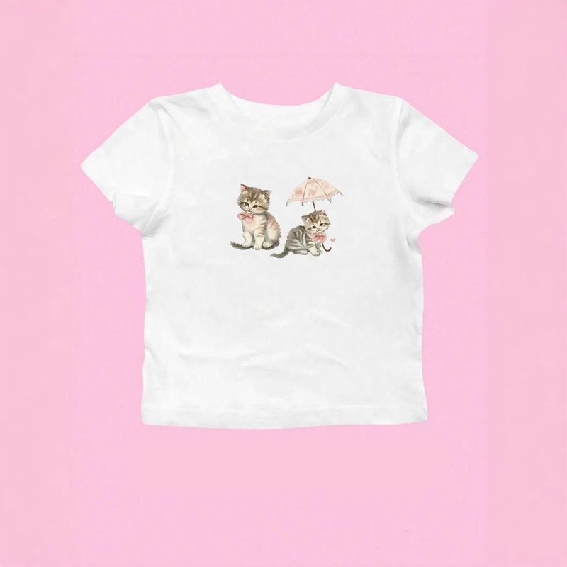 Καλοκαιρινό Y2K Χαριτωμένο Γατίσιο Στάμπα Στενή Γραμμή Σέξι Ομορφιά Στυλ Μαύρο Φουρκέτα Κοντό Μανίκι T-shirt για Γυναίκες_voghion.com