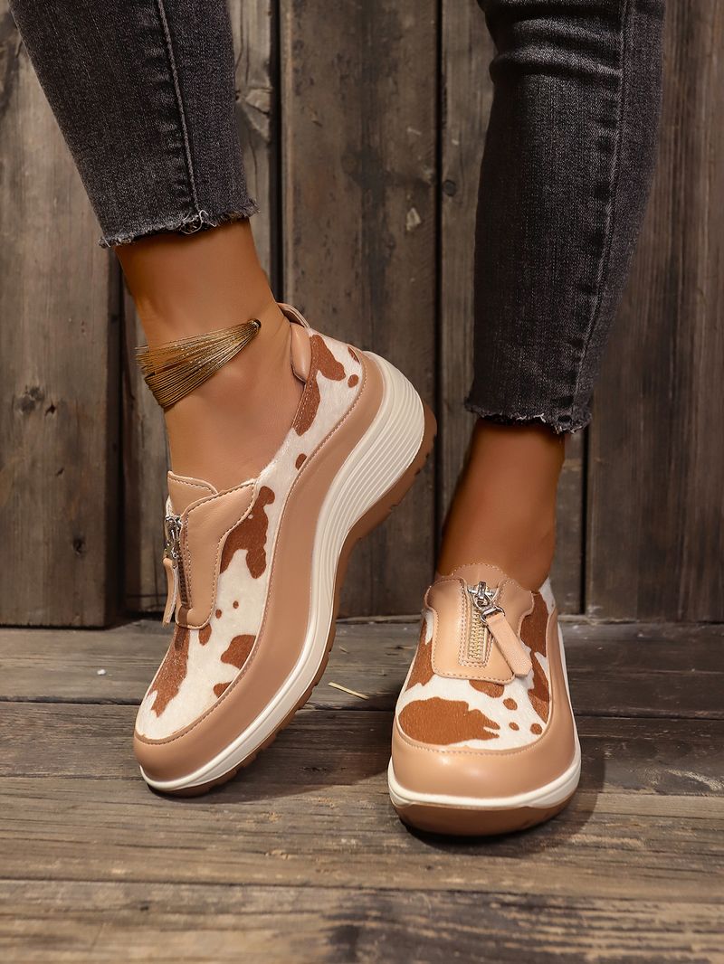 Damenschuhe große Freizeitschuhe farblich passende Leopardenmuster Keilabsatz dicke Sohle runde Zehen Slip-On-Schuhe_voghion.com