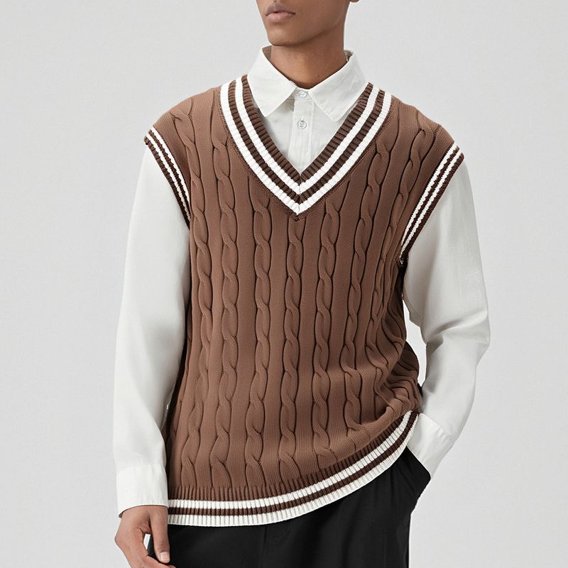 Hanmei Maglione invernale da uomo con scollo a V e maglia a trecce, senza maniche, F3328_voghion.com