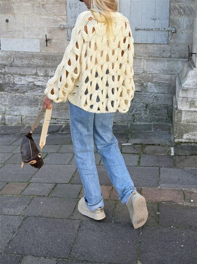 Suéter informal de manga larga con encaje de crochet en color liso para mujer, estilo bohemio playero (blanco, beige, tallas S/M/L/XL)_voghion.com