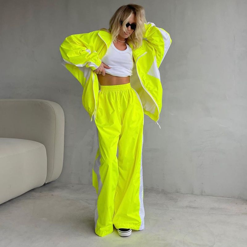 Women's Winter Sports Suit Zipper Color-Block Jacket Elastic Waist Floor-Length Pants Two-Piece Set Trendy Style_voghion.com