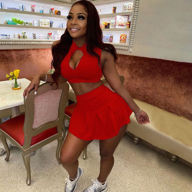 Damenmode lässig sexy einfarbig plissierte Taille schlanke Weste Culottes Sport zweiteiliges Set_voghion.com