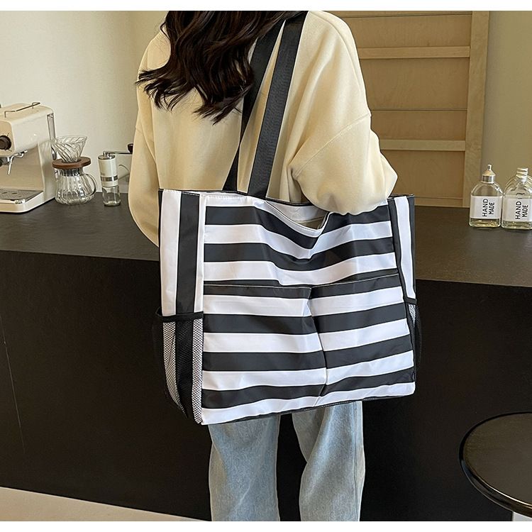 Beach 2024 summer shoulder artistic small fresh striped canvas tote bag large capacity handbag_voghion.com