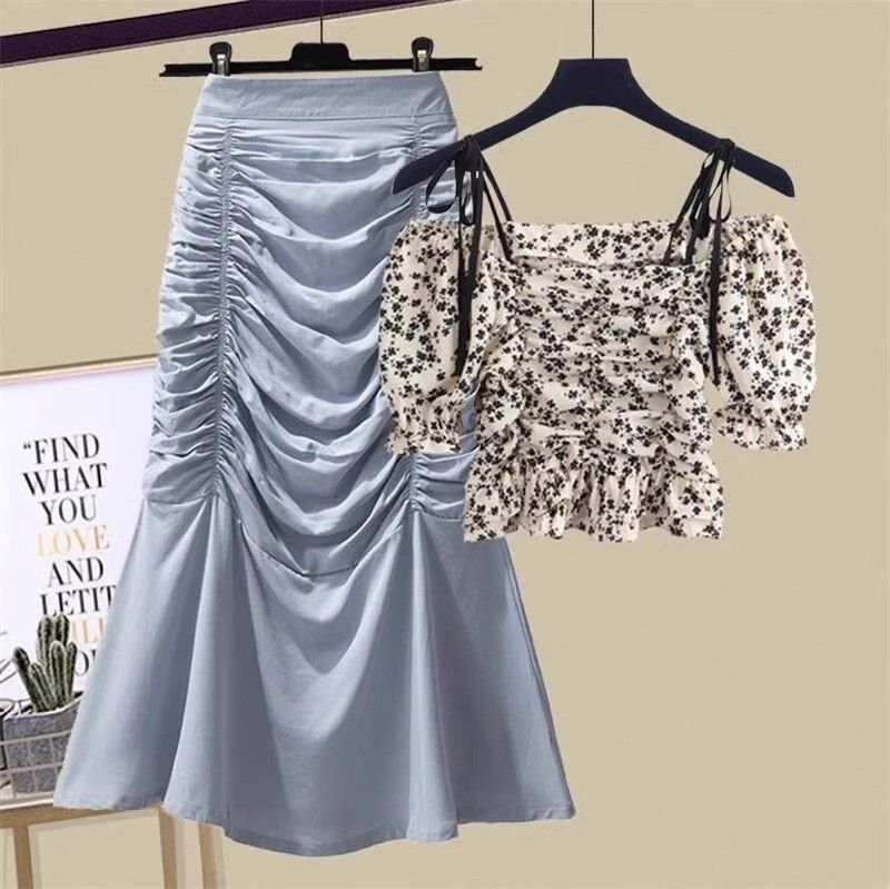 Damenbekleidung, geblümte Bluse mit Ballonärmeln, Meerjungfrauenrock-Set, modisches Outfit für Damen (schwarzer Rock, weißer Rock, mehrere Farb- und Größenoptionen)_voghion.com