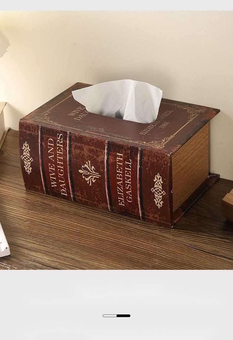 Creative American Style Simulation Book Wooden Home Office Desktop PU Leather Book-shaped Tissue Box_voghion.com