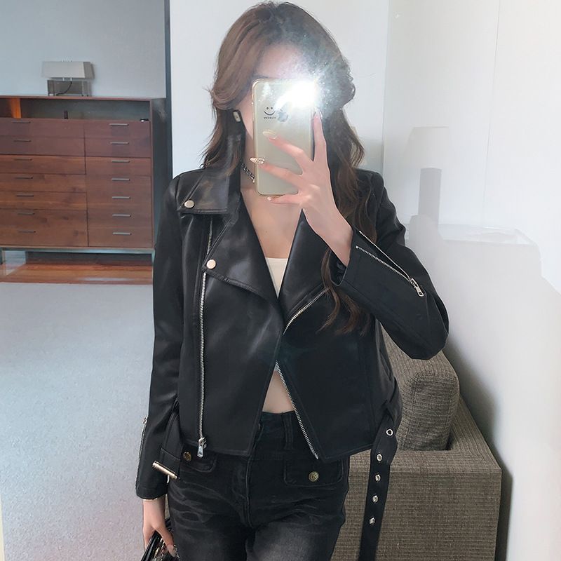 Veste courte noire en cuir PU de style américain pour femme, nouveau design printemps-automne 2024_voghion.com