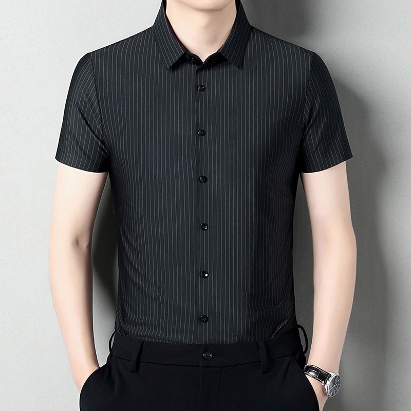 Camicia da uomo CT Ice Silk elasticizzata a maniche corte, estiva, casual, da lavoro, con stampa a righe sottili_voghion.com
