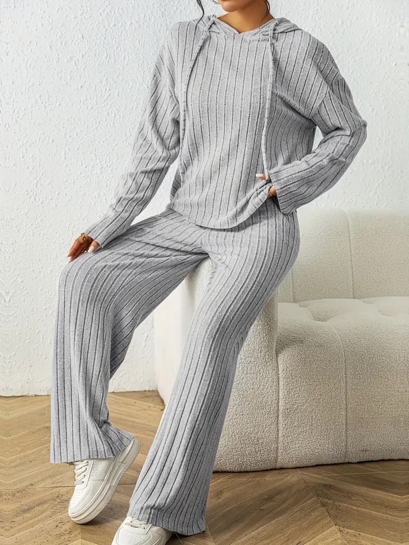 Ensemble élégant deux pièces à capuche et pantalon large pour femme, couleur unie, automne 2024_voghion.com
