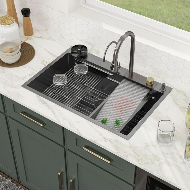 33in. *22in.*10in. Drop In 304 Stainless Steel Workstation Kitchen Sink With Dual Built-in Ledge, Top Mount Single Bowl Workstation Sink With Pull-Out Spray Head Faucet And Rainfall Faucet ,Cup Washer_voghion.com