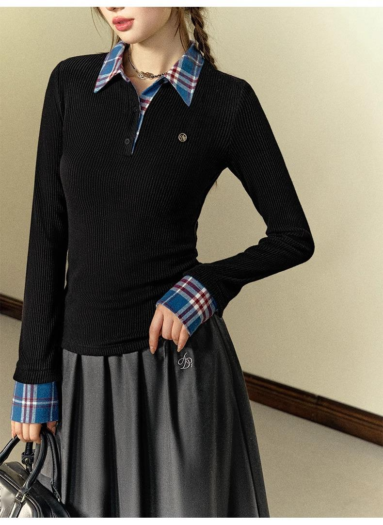 ANDYET AD1 FAK due pezzi a quadri con base a contrasto, camicia in maglia con colletto polo slim fit, top a maniche lunghe, autunno_voghion.com