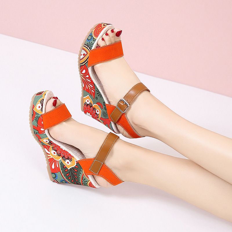 2025 New Large Shoes, High Sandals, Slope Heels, Embroidered One Word Buckle With Open Toe Thick Bottom, Women's_voghion.com