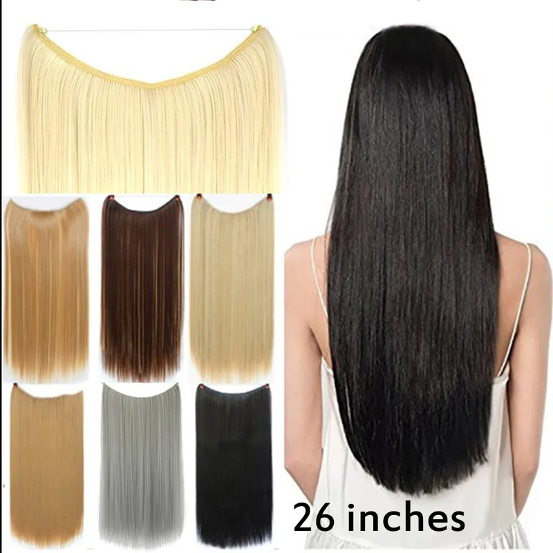 26 Tommer Lang Lige Grå Sort Blond Syntetisk Extensions Fish Line Halo Invisible Hairpiece Hårtilbehør_voghion.com